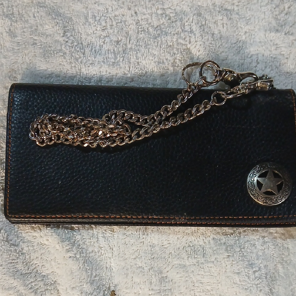 New Mens Black Biker Leather Wallet with Chain And Concho Design